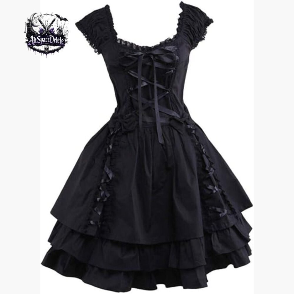 Layered Lace-Up Gothic Lolita Dress with Puffy Skirt, Knee-Length